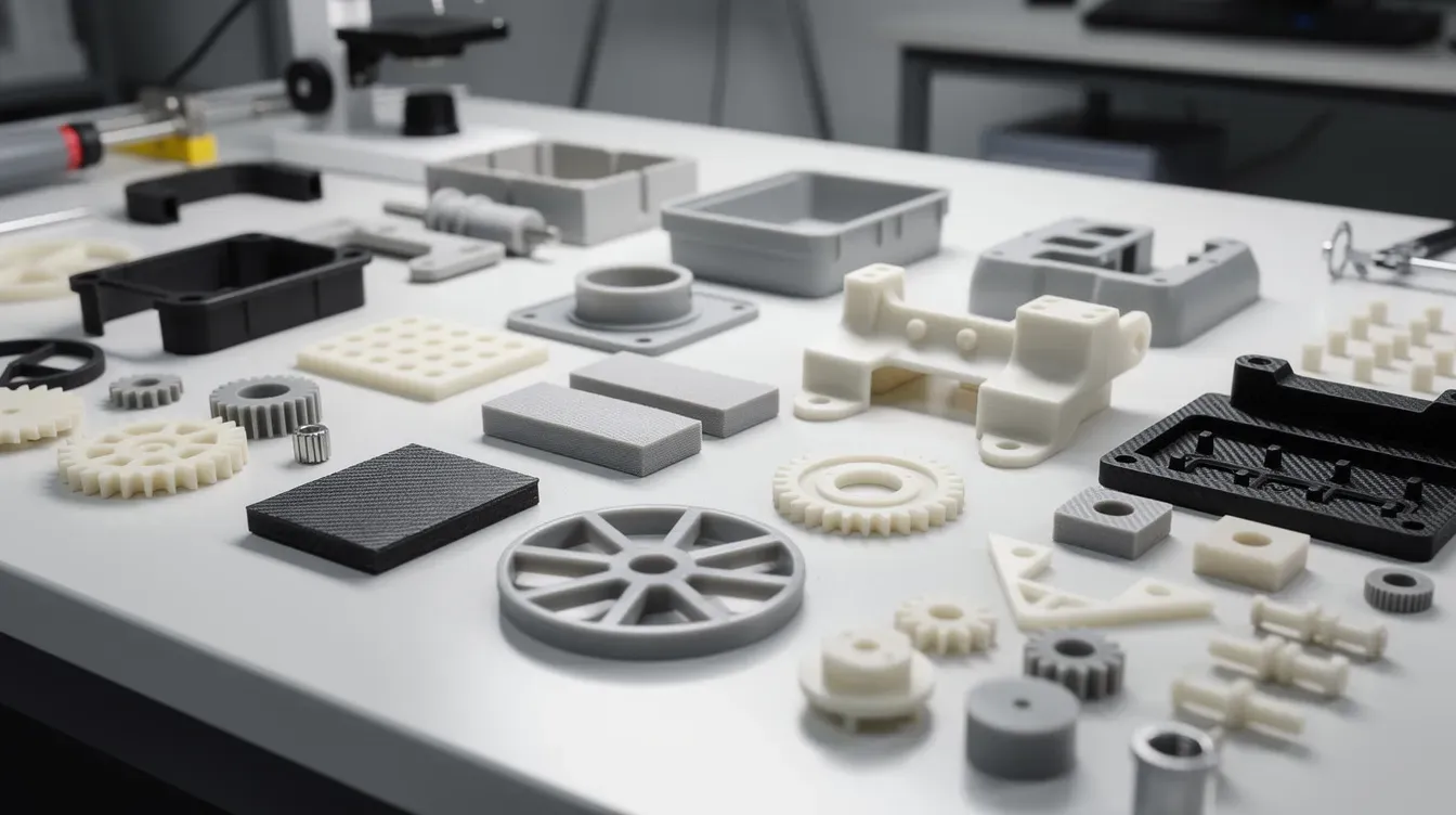 Engineered plastic and composite parts arranged on a workbench