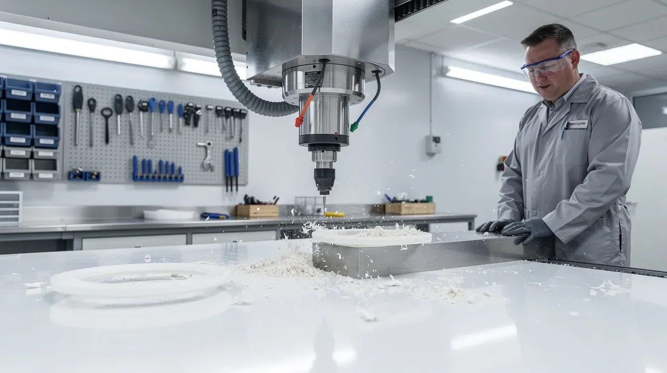 Precision machining of composite plastic parts in a clean manufacturing shop