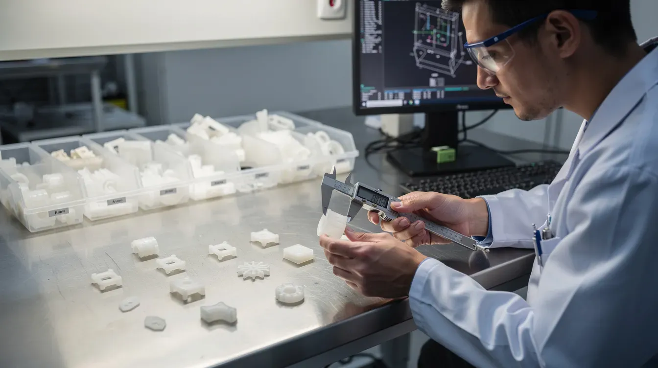 An engineer inspecting machined plastic parts