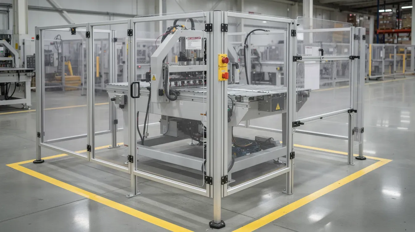 Clear machine guard panels made from composite materials surrounding industrial equipment