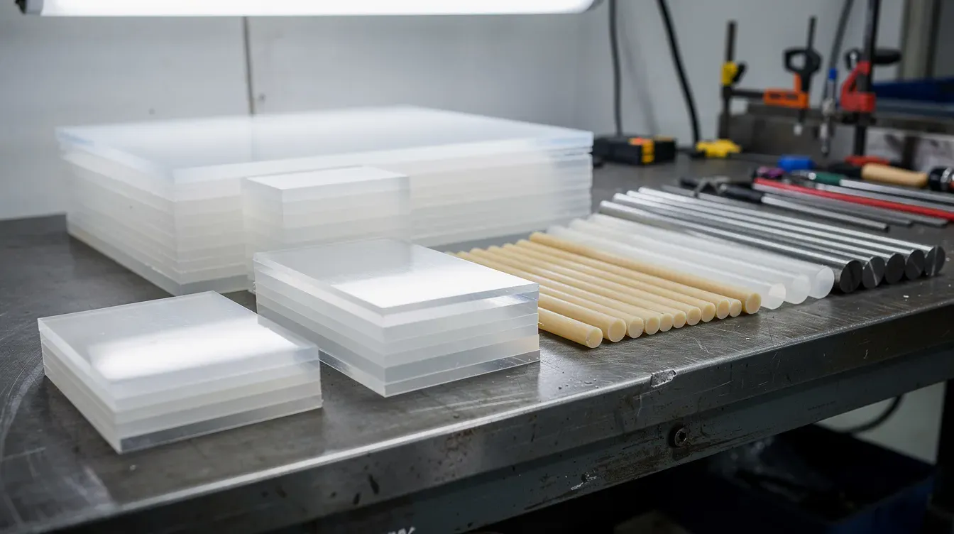 Industrial workbench cluttered with machined plastic sheets and rods