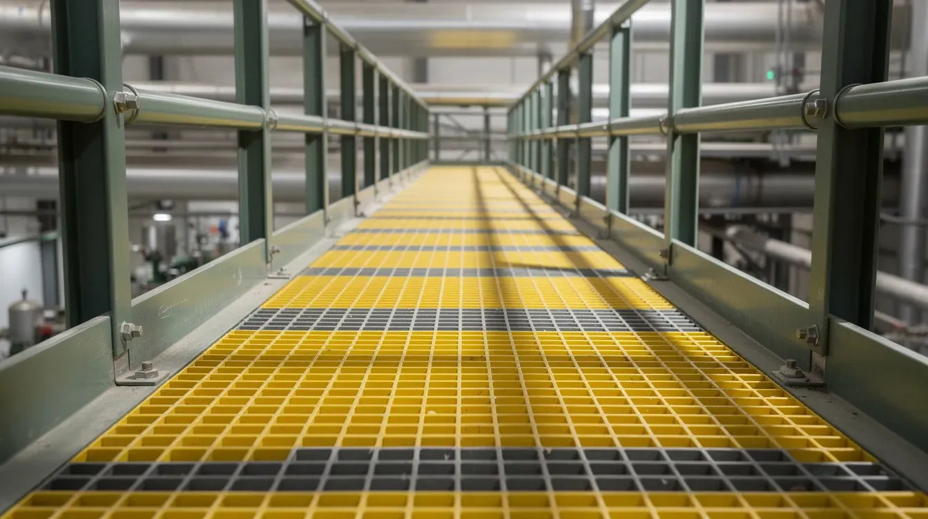 Industrial walkway with fiberglass grating and plastic structural profiles