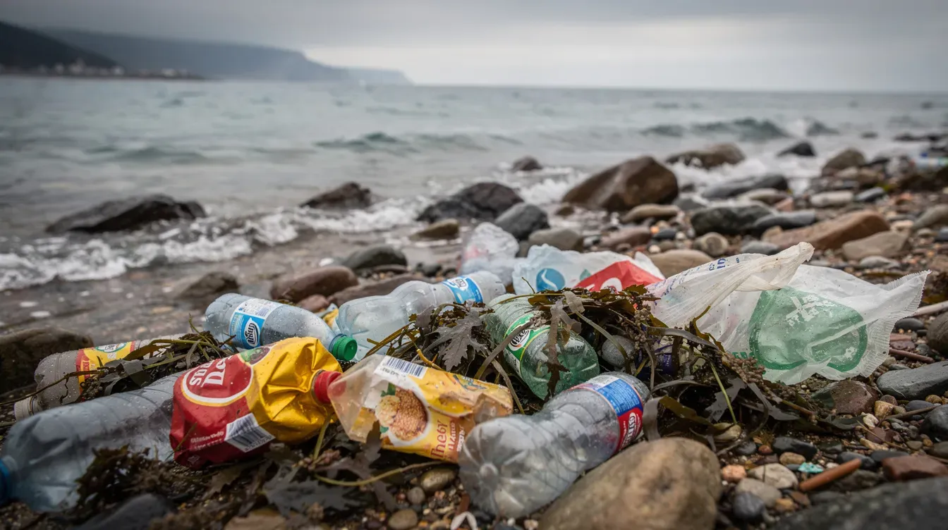 Plastic debris on a shoreline demonstrating environmental impact